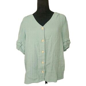 Sonoma Womens T-Shirt Sage 100% Cotton Gauze Layered Sleeve Soft Button Up
